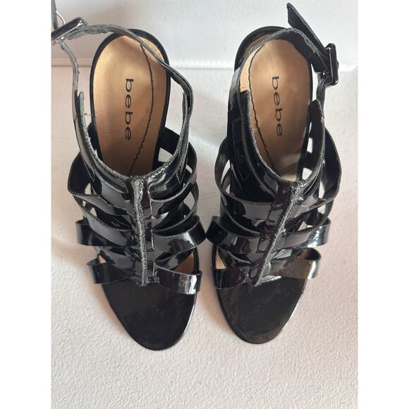 Bebe Women's Size 7 Patent Shiny Gladiator Style Black Heels - Picture 2 of 6